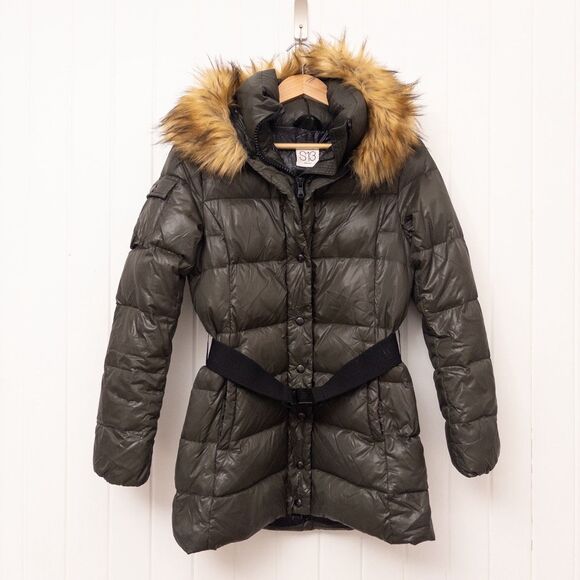 S13 Chalet Belted Faux-Fur-Trim Hooded Down Puffer Coat Green Size Small - Picture 2 of 16
